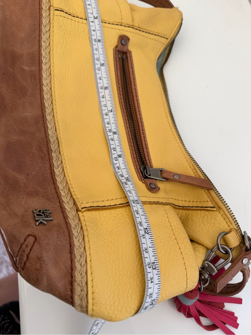 The Sak Yellow & Brown Two-Tone Leather Hobo Shoulder Bag Purse Tassel Boho - Picture 7 of 10